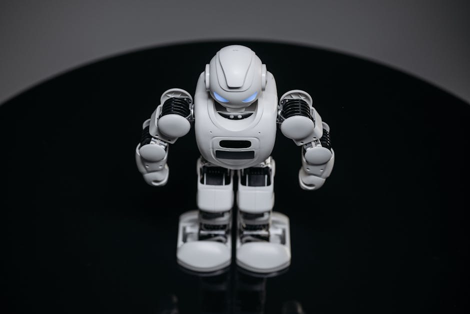 Persona interactuando con un robot en un entorno de oficina futurista